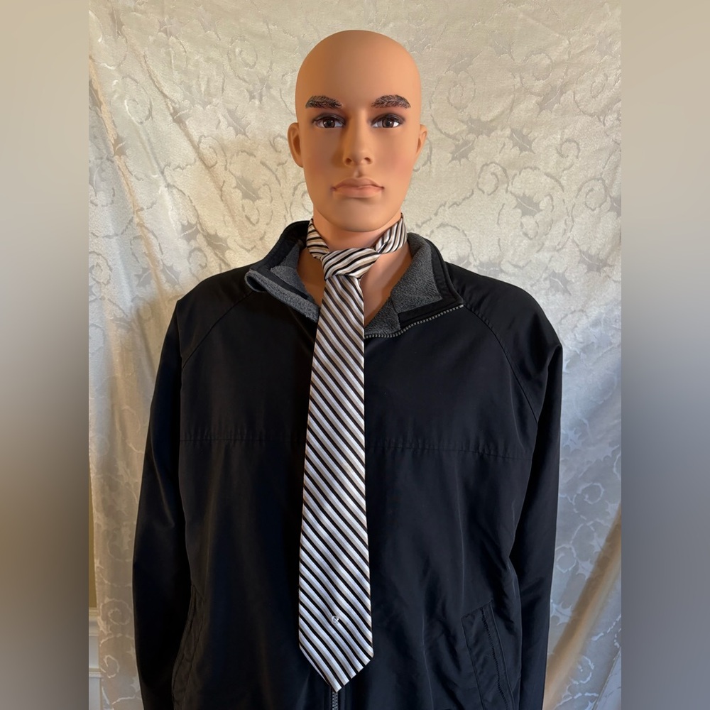 Pierre Cardin 100% Imported Polyester Black, Gold and White Striped Tie